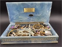 VINTAGE INCOLAY STONE BOX FULL OF COSTUME JEWELRY