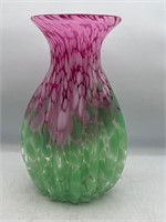 Bohemian Cranberry Green Ribbed Spatter Glass Vase