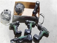 Box of 9V Hitachi tools 2 impact, drill, RA drill.