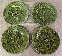 SET OF 4 FRENCH GREEN MAJOLICA FRUIT PLATES