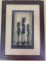 3 HAND CARVED FIGURINES IN HAND CARVED SHADOW BOX