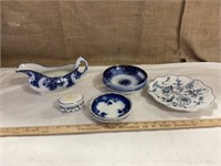 Flow Blue plate, cereal bowls, sauce dishes,