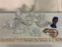 Vintage crystal sugar, creamer, glasses, hat pin