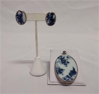 Sterling Chinese Porcelain Pendant & Earrings