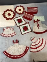 10 crocheted red white potholders