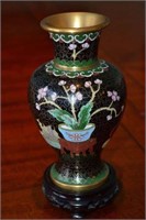 Floral Cloisonne Bud Vase Black Gold Brass w stand