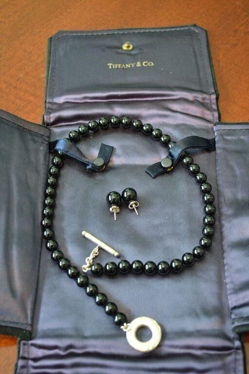 Tiffany Sterling Silver Onyx Necklace Earring Set