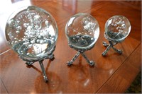3 Clear Glass Round Balls with Bubbles on Stands