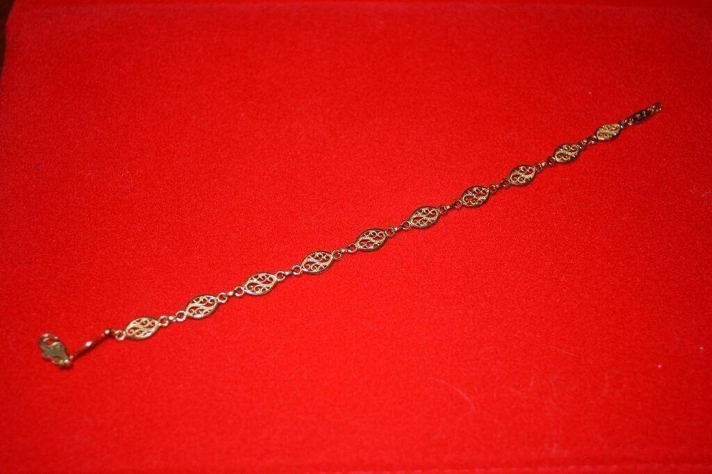 18K Yellow Gold Oval Scroll Filigree 7" Bracelet