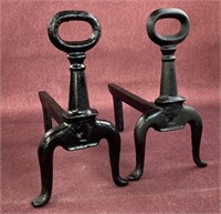 Vintage Cast Iron key hole fire dogs, 14 1/2”x 7