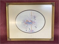 Framed and matted carousel horse print, has a few