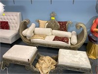 DECORATIVE BOAT SOFA WITH 2 MATCHING FOOT STOOLS A
