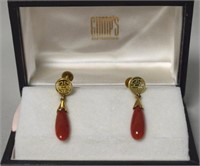 Vtg Gump's 14k Gold HK Shou & Drop Coral Earrings