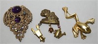 (3) Goldtone Brooches w/ Frog, Cabachon RS +
