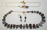 NYC Stone Shard Necklace, Jade/Quartz Earrings+