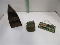 Fishing Figures- Box, Sign & metal Boat