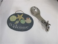 Slate Welcome sign & metal shell spoon holder
