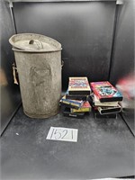 Vintage Metal Bucket w/ Wood Handle, Lid, VHSs