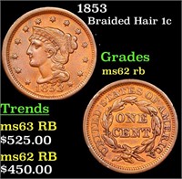 1853 Braided Hair Large Cent 1c Grades Select Unc