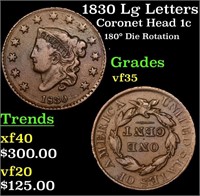 1830 Lg Letters Coronet Head Large Cent 1c Grades