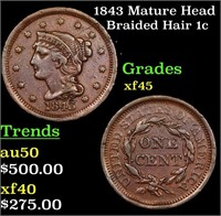 1843 Mature Head Braided Hair Large Cent 1c Grades