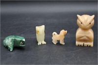 Carved Alabaster Owls, Dog, Jade Frog Figurines++