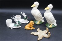 Pr. Ceramic Ducks, White Reindeer Candlesticks+++