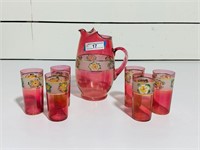 Hand Painted Cranberry Glass Juice Set