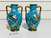 (2) Signed Victorian Enameled Blue Bristol Vases