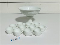 Cut Milk Glass Punch Bowl Set