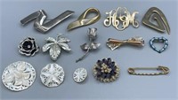 Lot of 13 Silver & Gold Tone Brooches