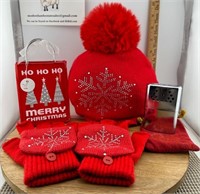 Cute red Christmas knit set - retro hand warmer