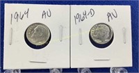 (2) Roosevelt silver dimes  1964, 1964-D  Both AU