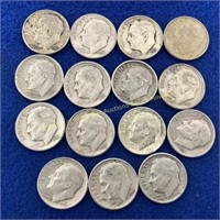 (15) Roosevelt silver dimes  1950s