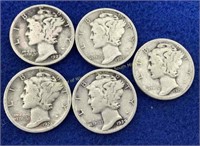 (5) Mercury silver dimes  1920s