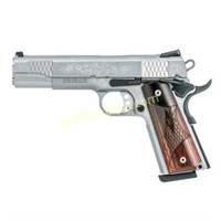 SW SCROLL ENGRAVED 1911 45ACP 5" SS WOODEN CASE