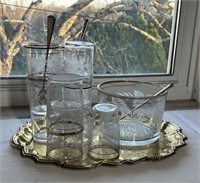 Vintage Glassware - Etched Leaf Design w/Gold Rim,