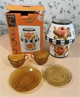 Vintage Amber Sandwich Glass Saucers, Tea Cups, Ce