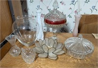 Vintage Glass Vase, Diamond Point Ruby Candy Dish,