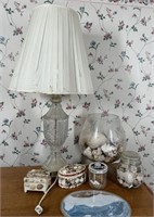 Vintage Glass Table Lamp w/Shade, Seashell Art Con