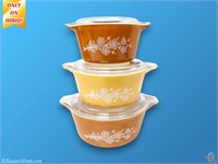 3 "Butterfly Gold" Pyrex Bowls With Lids