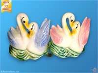 Pair Pink and Blue Pottery Swans