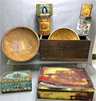 Vintage Tins & Early Wood Bowls See Photos for
