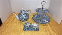 Lefton blue chintz paisley set- teapot, tier
