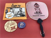 Milw Braves Items, fan, coaster, pins & record