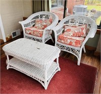3-Piece White Wicker Set - (2) Chairs w/Cushions &