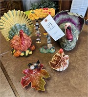 (2) Decorative Turkeys; Ceramic Gourd; Decor Leaf