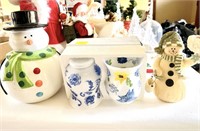 Snowman Cookie Jar, Snowman Candleholder, (2)