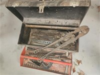 Steel tool box, bits, files, bolt cutters