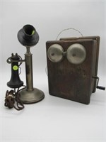 ANTIQUE CANDLESTICK TELEPHONE WITH WRINGER BOX: